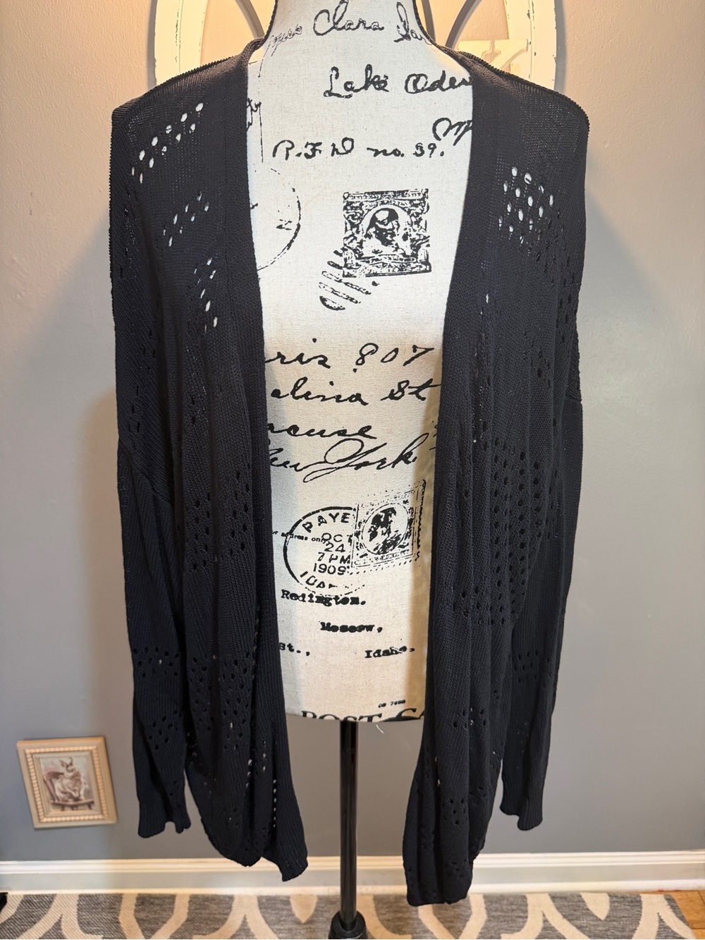 SHEIN BLACK OPEN FRONT EYELET KNIT CARDIGAN SZ 3X